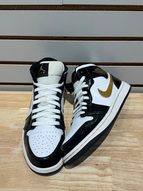 Jordan 1 Mid Patent Black White Gold Sz 9