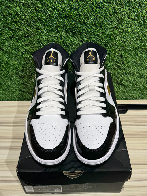 Jordan 1 Mid Patent Black White Gold Sz 11