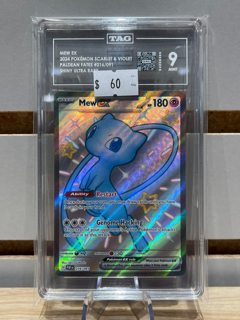 MEW EX 2024 POKÉMON SCARLET & VIOLET PALDEAN FATES #216/091 SHINY ULTRA RARE TAG 9