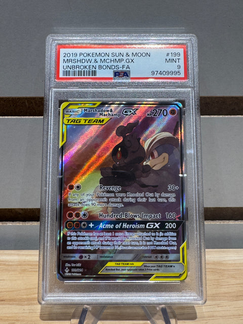 2019 Pokemon Sun & Moon MRSHDW & MCHMP GX Unbroken Bonds-FA PSA MNT 9