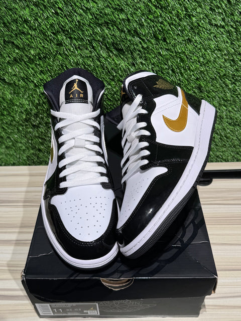 Jordan 1 Mid Patent Black White Gold Sz 11