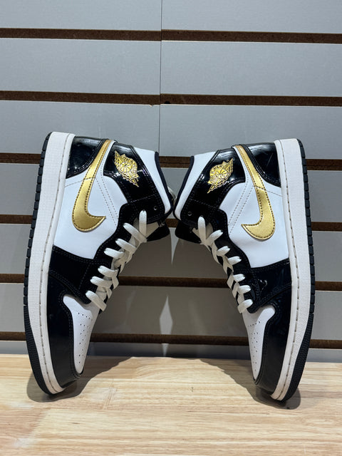 Jordan 1 Mid Patent Black White Gold Sz 9