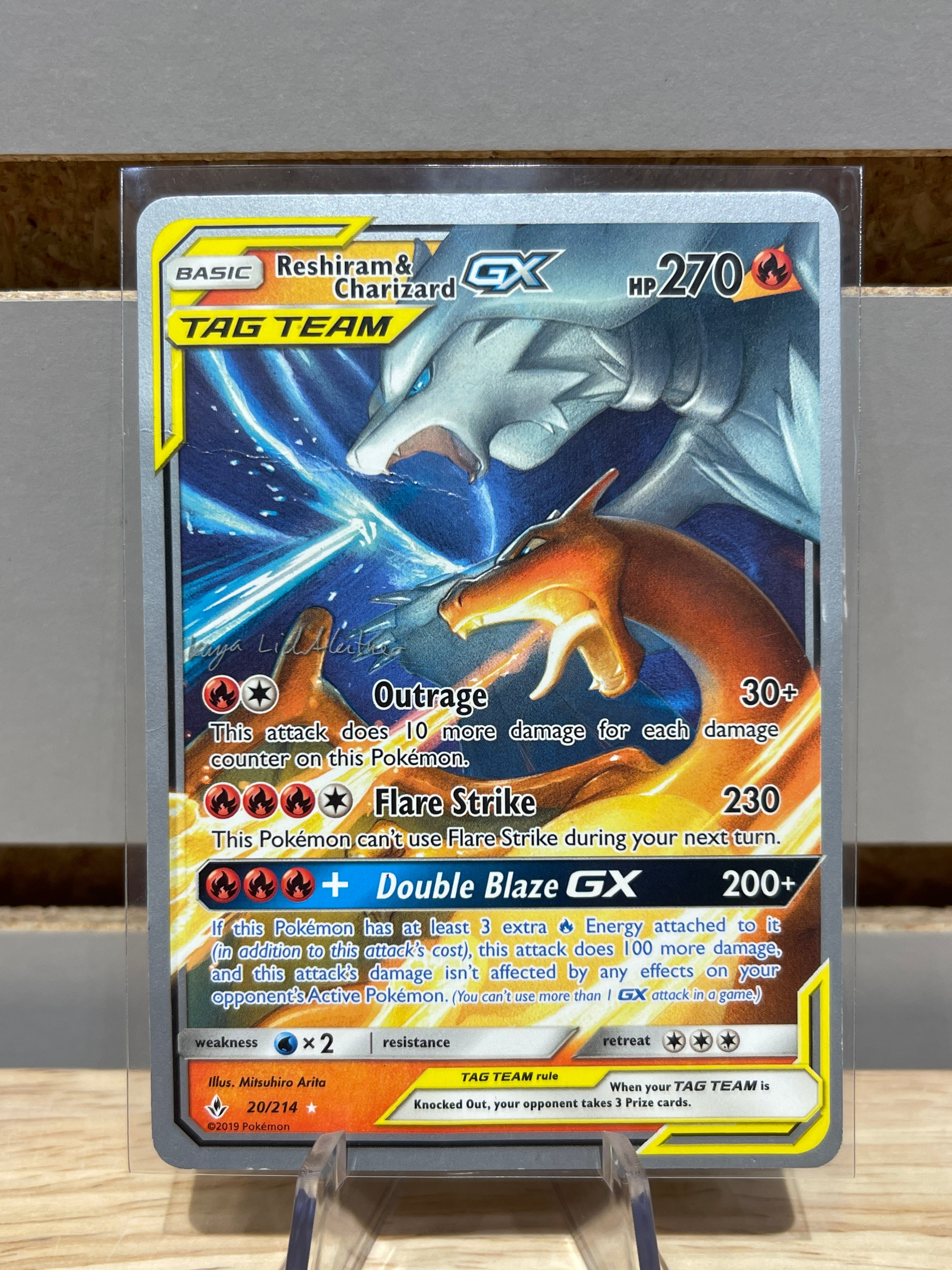 pokemon card charizard and reshiram gx & 217/214 Pokmon Extended Artwork Display Case Moon Unbroken Bonds Tag Team #20 Card Pokmon TCG: Reshiram & Charizard-GX