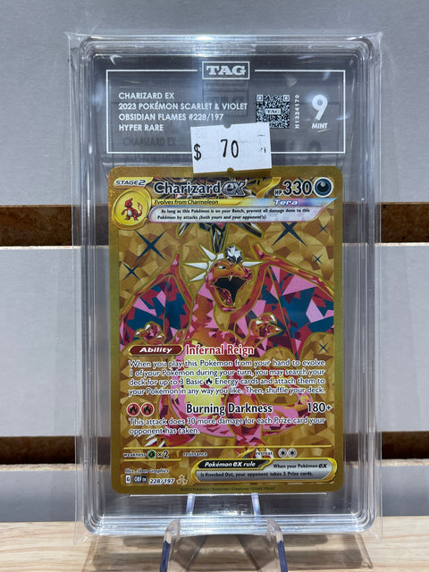 CHARIZARD EX 2023 POKÉMON SCARLET & VIOLET OBSIDIAN FLAMES #228/197 HYPER RARE TAG 9
