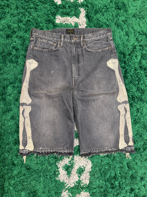 Kapital Kountry Men's Skeleton Bone Patch Gray Denim Bermuda Shorts Regular Size 34