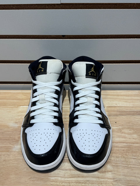 Jordan 1 Mid Patent Black White Gold Sz 9