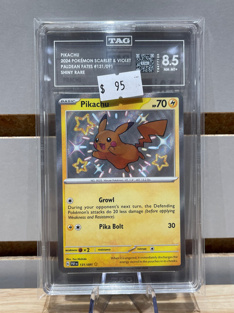 PIKACHU 2024 POKÉMON SCARLET & VIOLET PALDEAN FATES #131/091 SHINY RARE TAG 8.5
