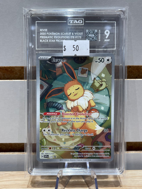 EEVEE 2025 POKÉMON SCARLET & VIOLET PRISMATIC EVOLUTIONS ETB #173 BLACK STAR PROMO TAG 9