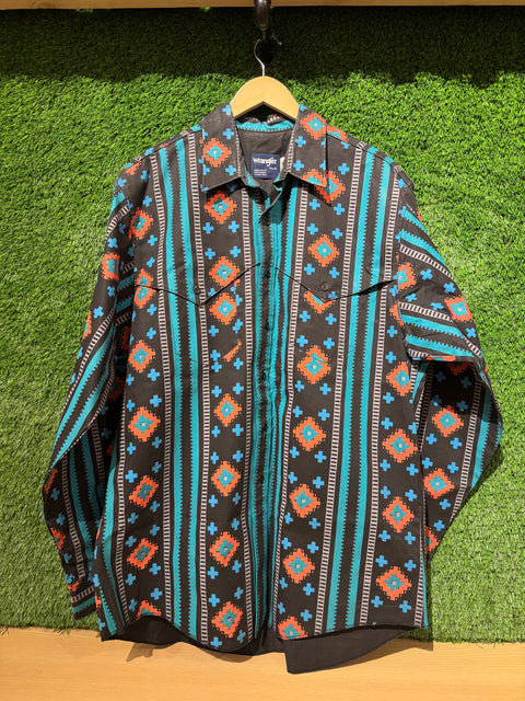 VTG Wrangler 80s Aztec Cowboy Western Button Up Sz XXL