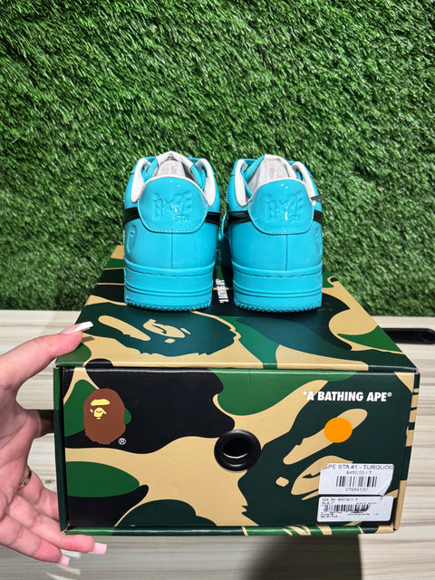 A Bathing Ape Bape Sta #1 Turquoise Blue Black Patent Leather Sz 7M