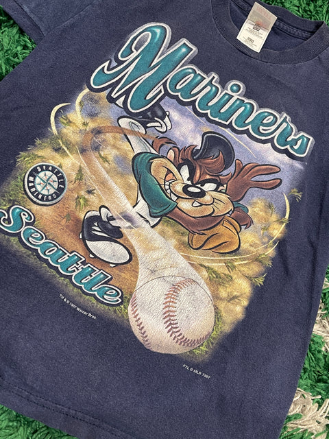1997 Vintage Kids Mariners Looney Tunes Tasmanian Devil Pitching Shirt