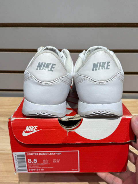 Nike Cortez Basic Leather White White-Wolf Grey-Mtllc Silver Sz 8.5