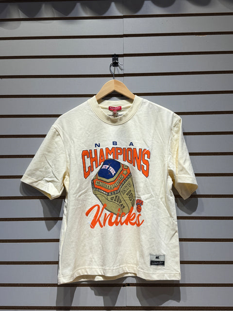 Women's M&N x Melody Ehsani Cream New York Knicks 1970 NBA Champions Cropped Rhinestone T-Shirt Sz S