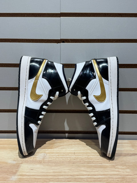 Jordan 1 Mid Patent Black White Gold Sz 9