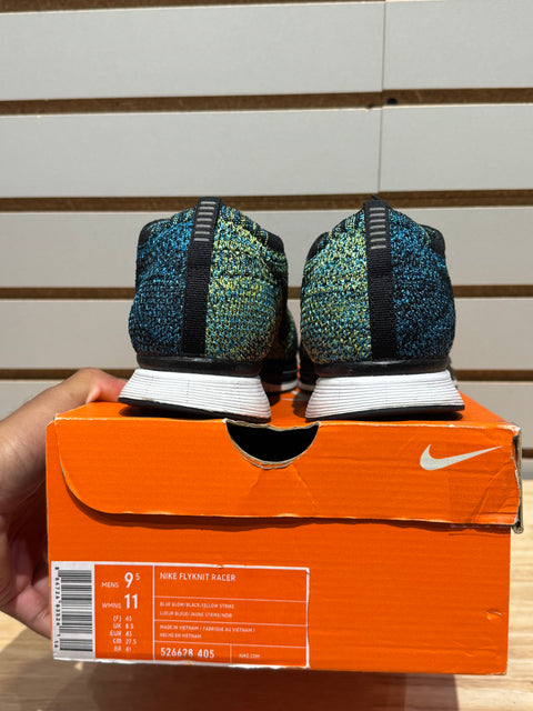 Nike Flyknit Racer Blue Glow Yellow Strike Sz 9.5