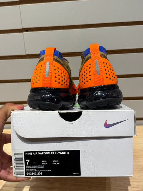 Nike Air VaporMax Flyknit 2 Golden Beige Racer Blue Sz 7